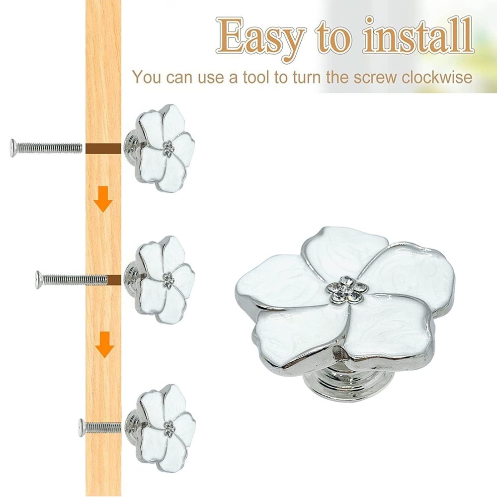 4pcs White Flower Petal Handles Kitchen Cabinet Drawer Knobs & Pulls (Silver,...