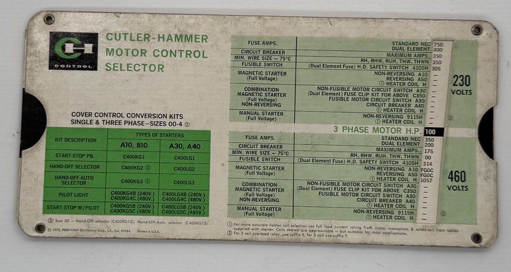 Vintage Cutler-Hammer Motor Control Selector Slide Chart - 1970 - C