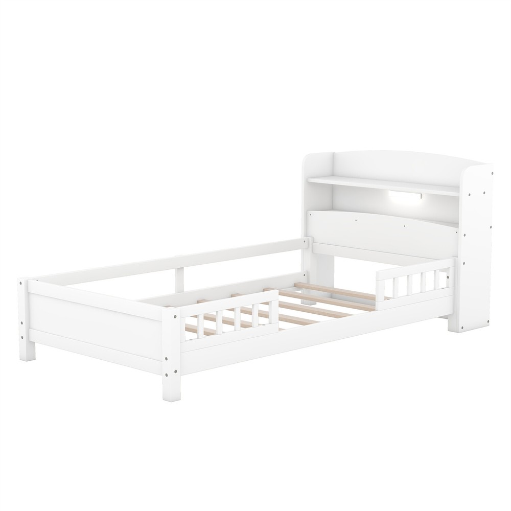 Twin/Full Size Bed Frame Wood Platform Bed w/ Storage Headboard White/Gray