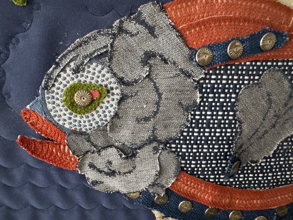 Fish Bubbles Textile Fiber Art Signed Dawn Eakem Wall Hanging 4/19