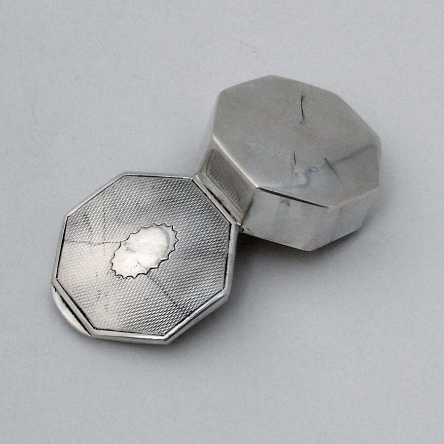 Engine Turned Octagonal Pill Box Gilt Interior German 800 Silver