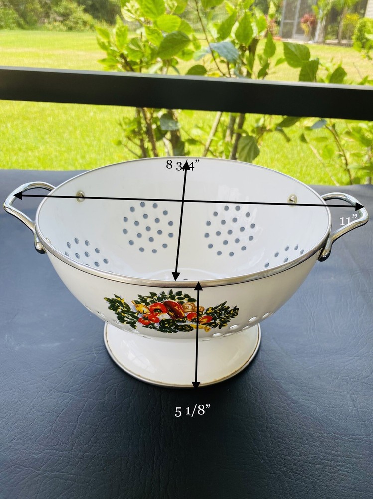 Vintage Footed Enamel Colander Strainer White With Vegetables Design With Handle