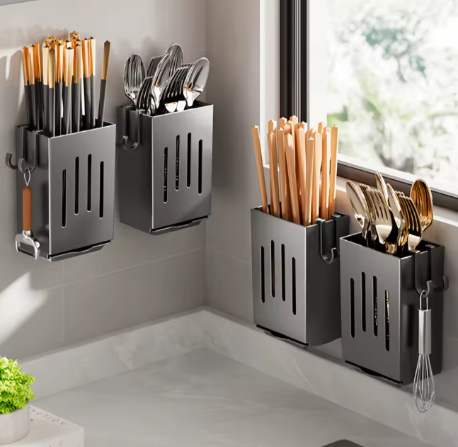 Kitchen Utensil Holder Organizer – No Drill Wall Mounted Spoon Fork Storage Rack