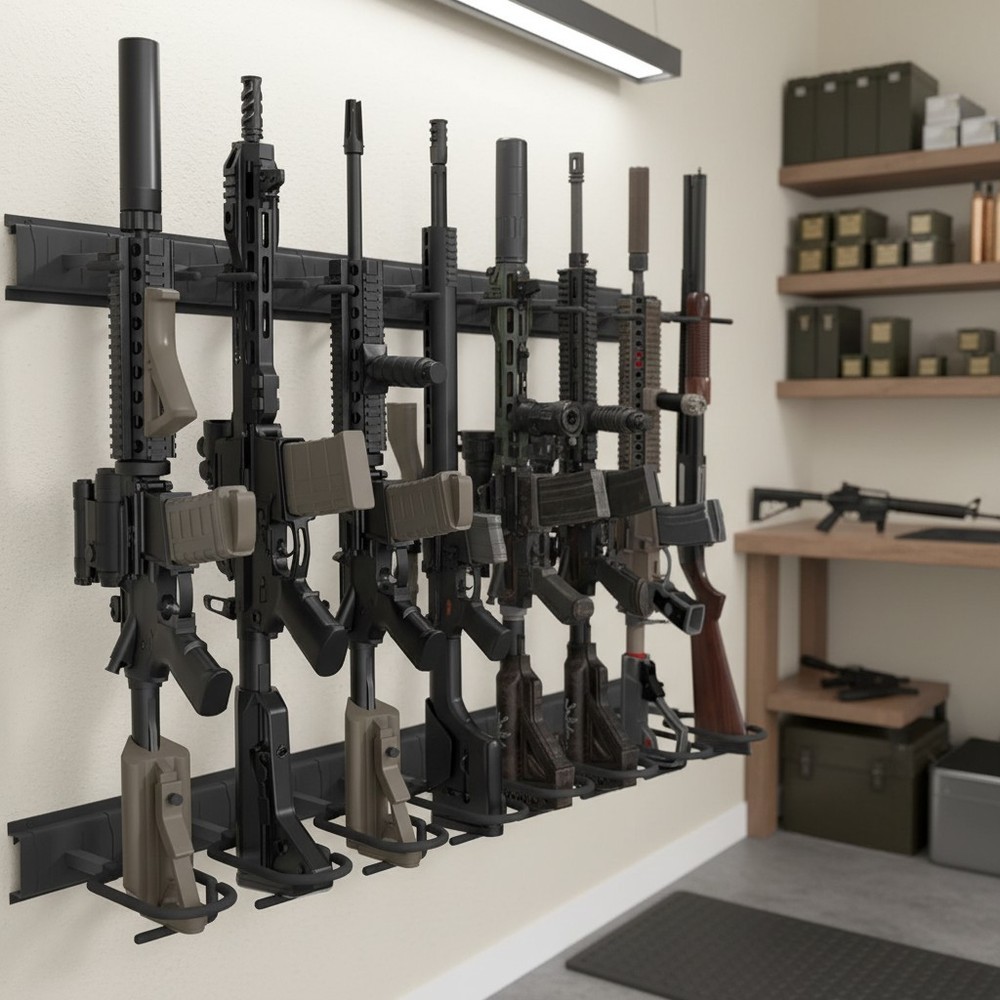 Wall-Mounted Adjustable Gun Rack - 8 Slots for Secure Shotgun & Rifle Storage