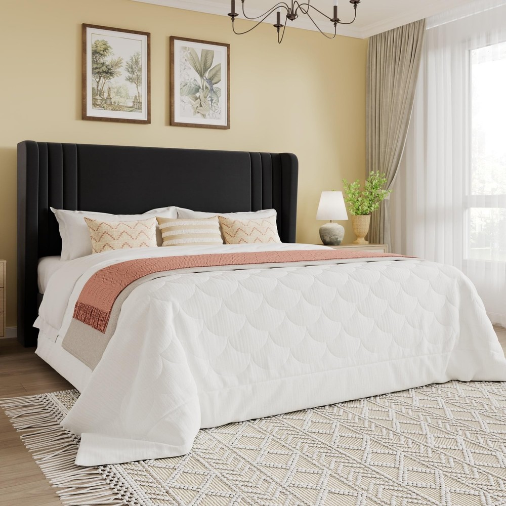 SHA CERLIN Queen Size Velvet Upholstered Platform Bed Frame with Vertical Cha...