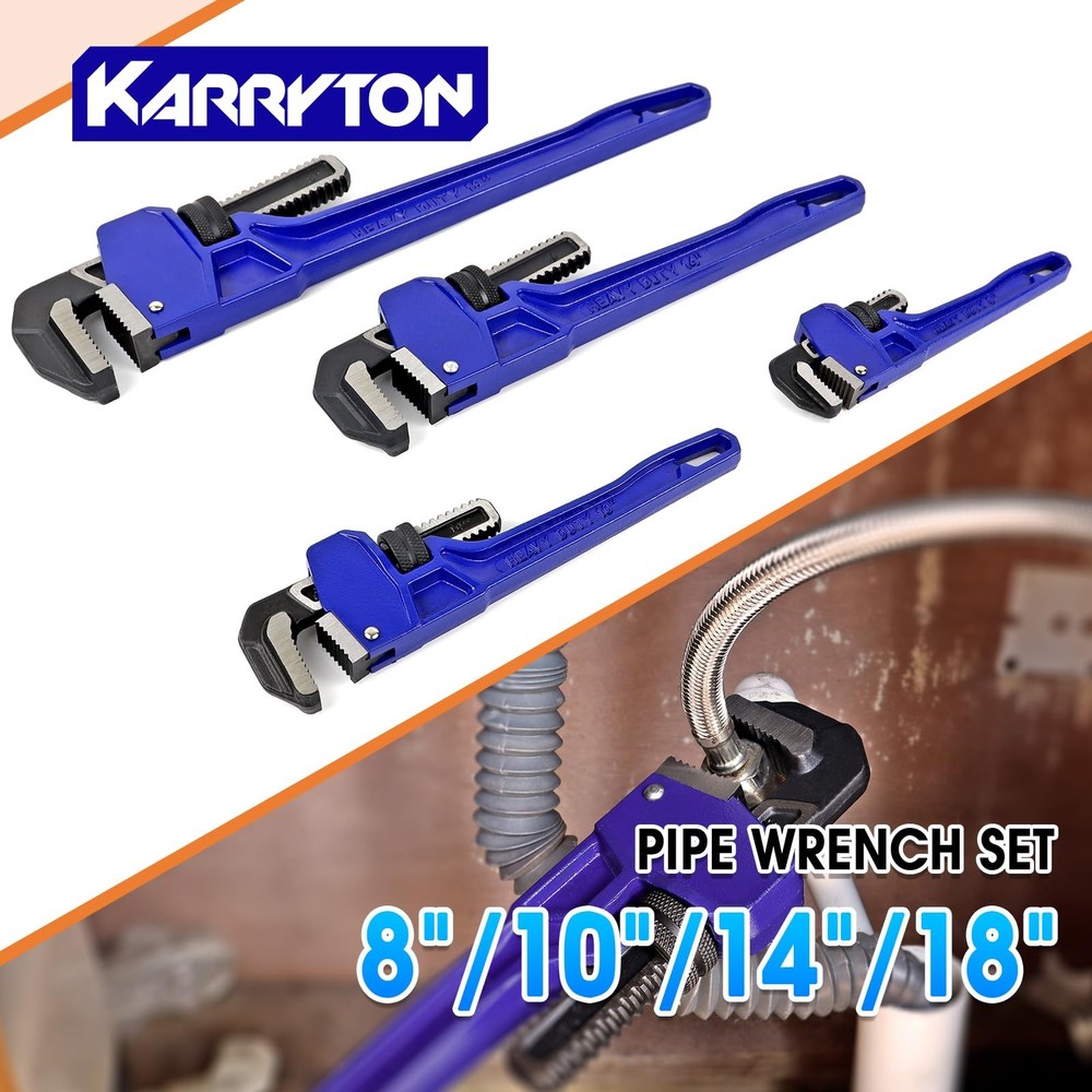 Pipe Wrench Set Adjustable Jaw Opening Cast Iron Handle 4 Pcs