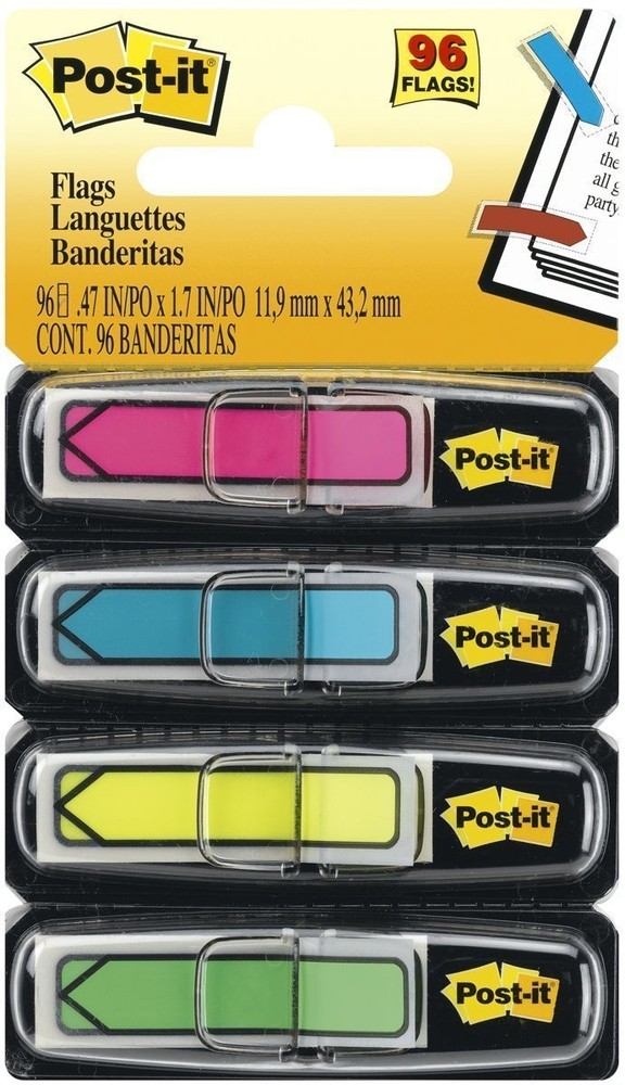 Post-it Arrow Flags, Assorted Bright, 1/2" Wide, 24/Dispenser, 4-Pack, 6 Total