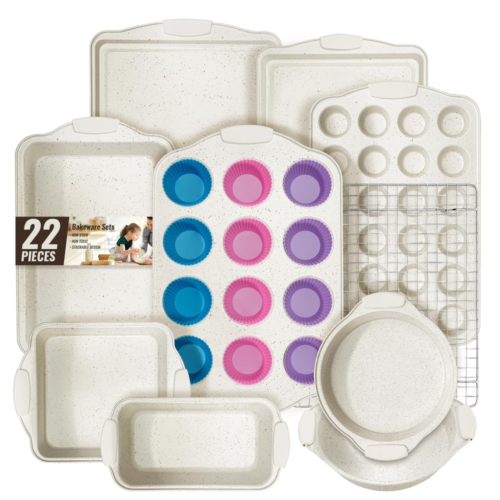 Baking Pans Set Nonstick, Stackable Bakeware Sets with Silicone 22PCS, Cream