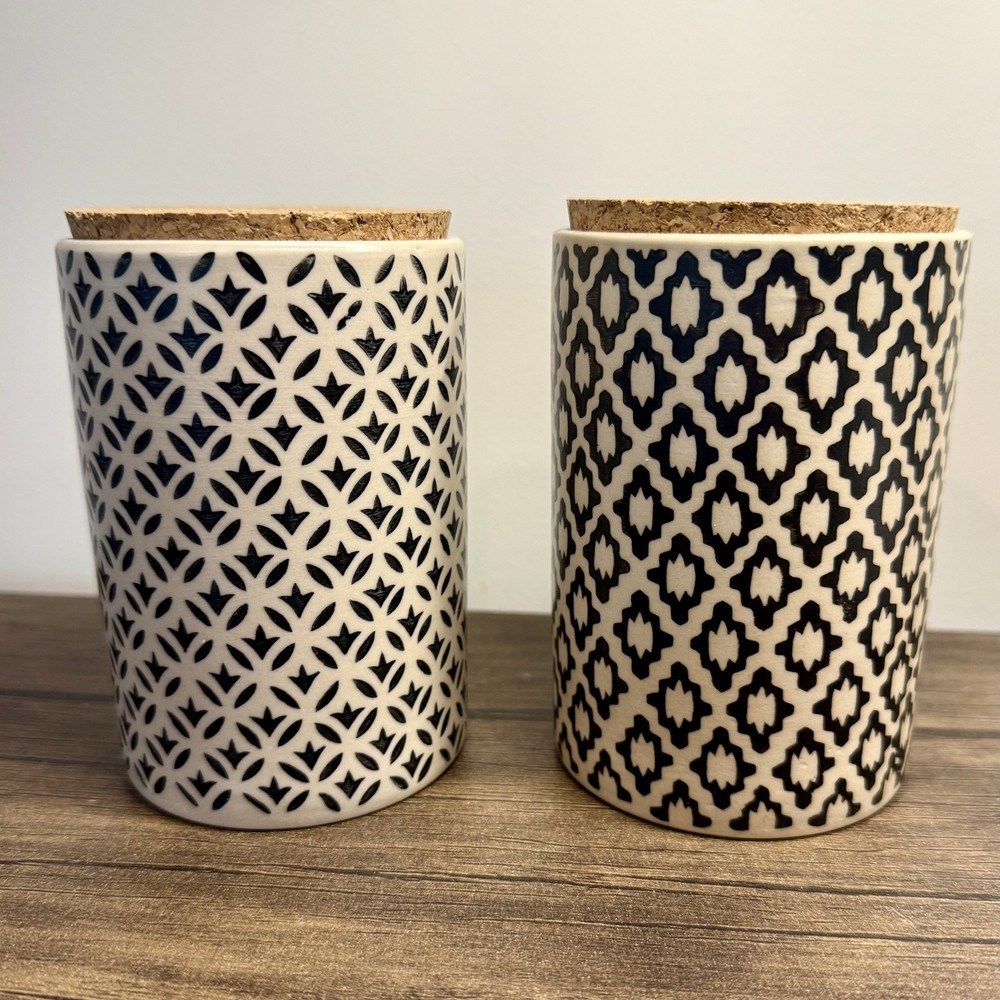 Two 2 World Market Ceramic Canisters All Purpose 5" Separate Patterns Cohesive