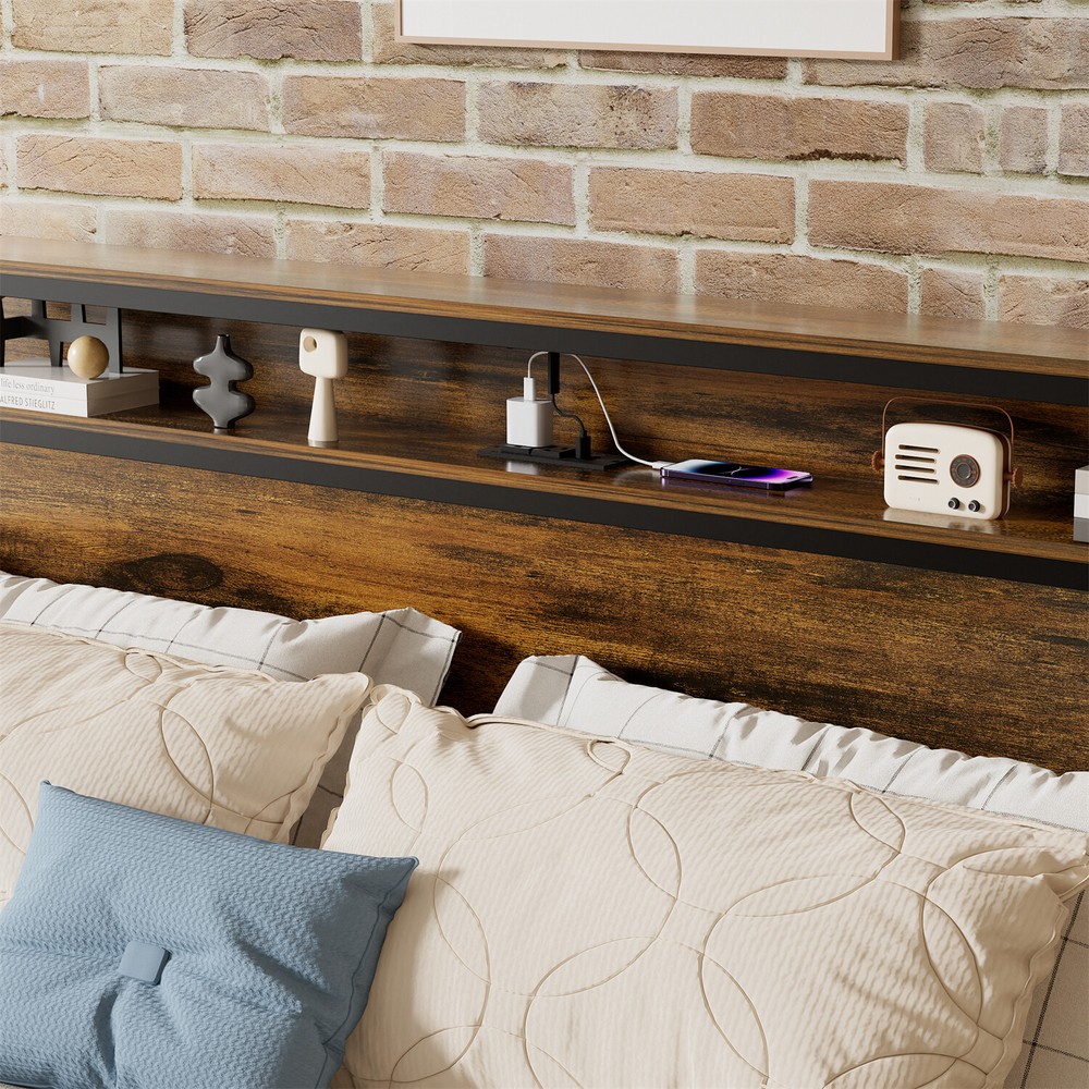 Queen Size Bed Frame Metal Platform Bed Frame w/ Storage Headboard & USB Port