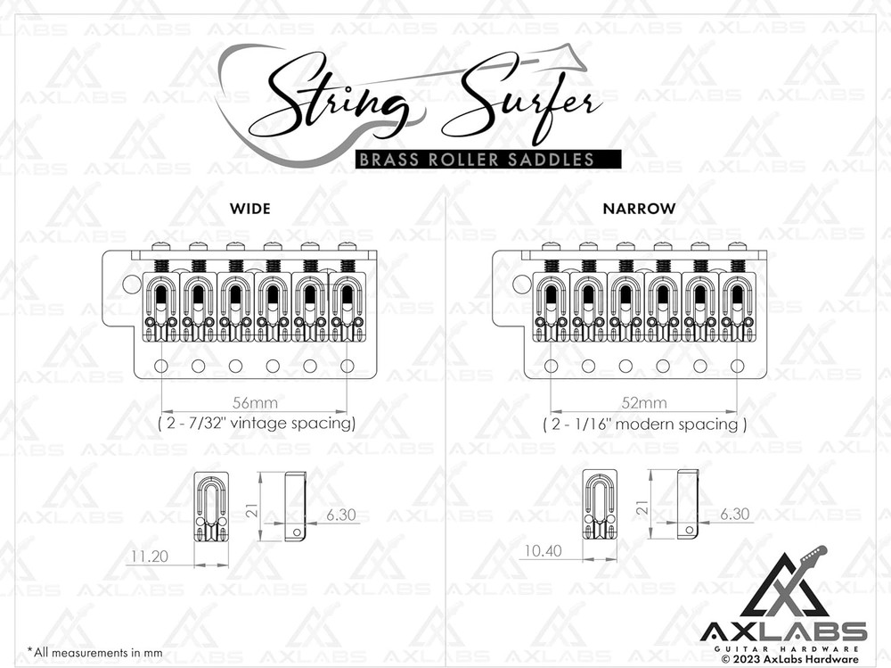 AxLabs String Surfer Brass Roller Bridge Saddles, Narrow, Black