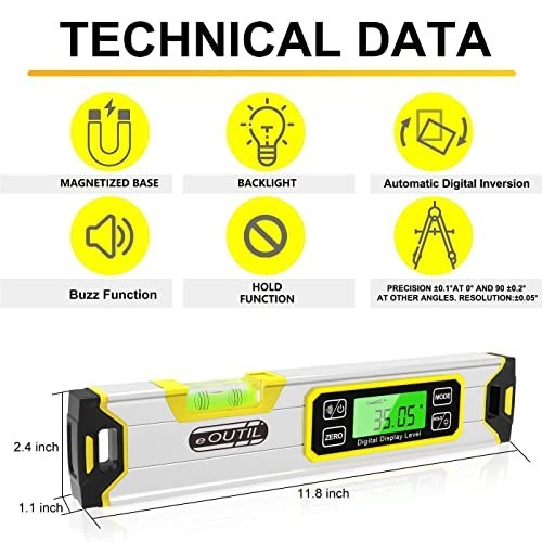 12" Digital Level Protractor IP54 Bubble Inclinometer Angle Finder LED Backlight