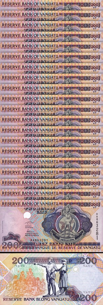 Vanuatu 200 Vatu 1995, UNC, 20 Pcs LOT, Consecutive, P-8a, Prefix AA