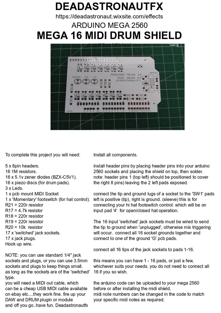 MEGA 16 MIDI DRUM TRIGGER KIT DIY PCB ARDUINO SHIELD (Deadastronautfx)