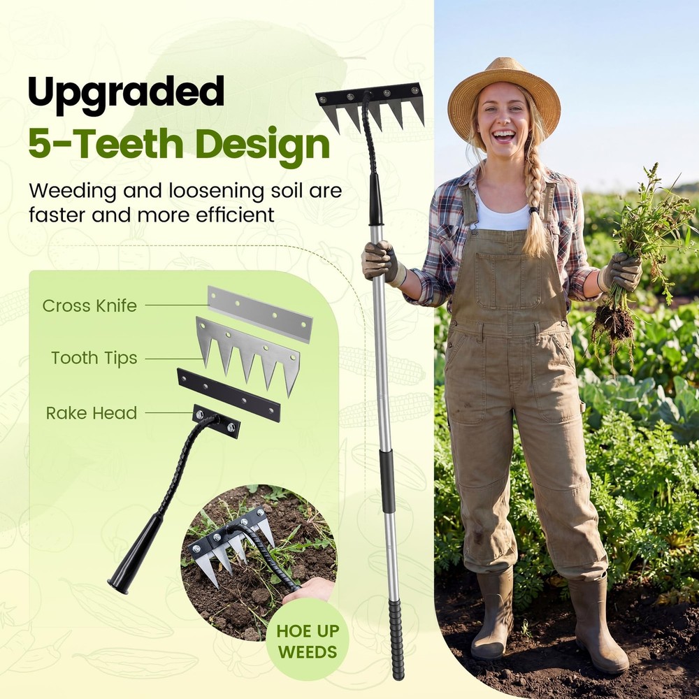 Iron Weeding Rake with Long Handle - Upgraded 5 Teeth Weed 5 Teeth, silver