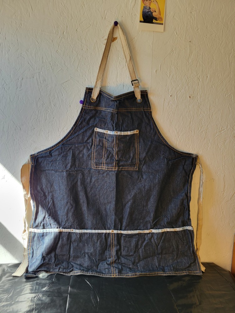 Denim Work Apron with Striped Trim, Adjustable Straps