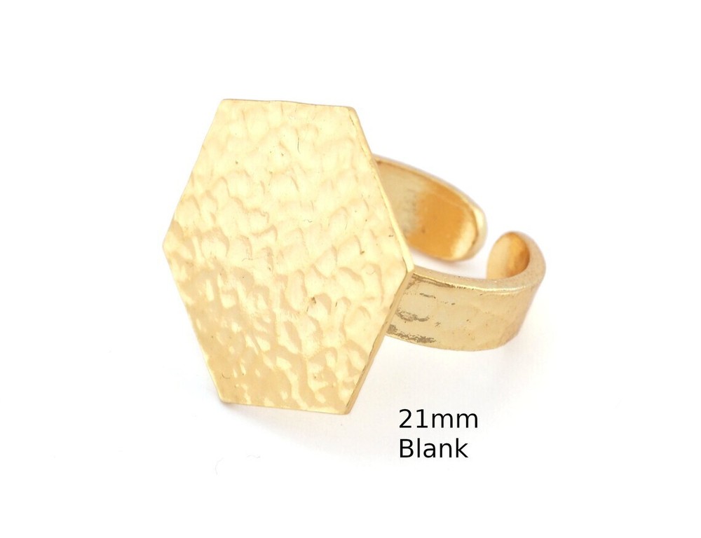 Hexagonal Hammered Adjustable Ring Blank,Shiny Gold Plated Brass 21mm Blank 4946