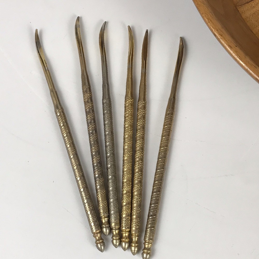 Vintage Solid American Walnut Wood Nut Serving Bowl Dish w/ Tools Cracker Picks