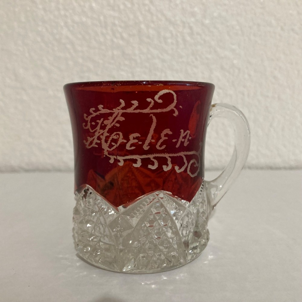 Antique Ruby Red Flash Miniature Mug Toothpick Holder Engraved Helen 08-20-1901