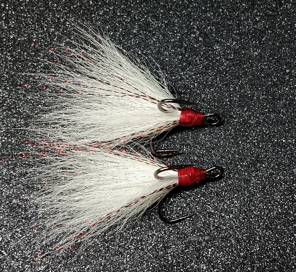 2 pack #2 Mustad dressed Musky Pike bucktail treble hooks.