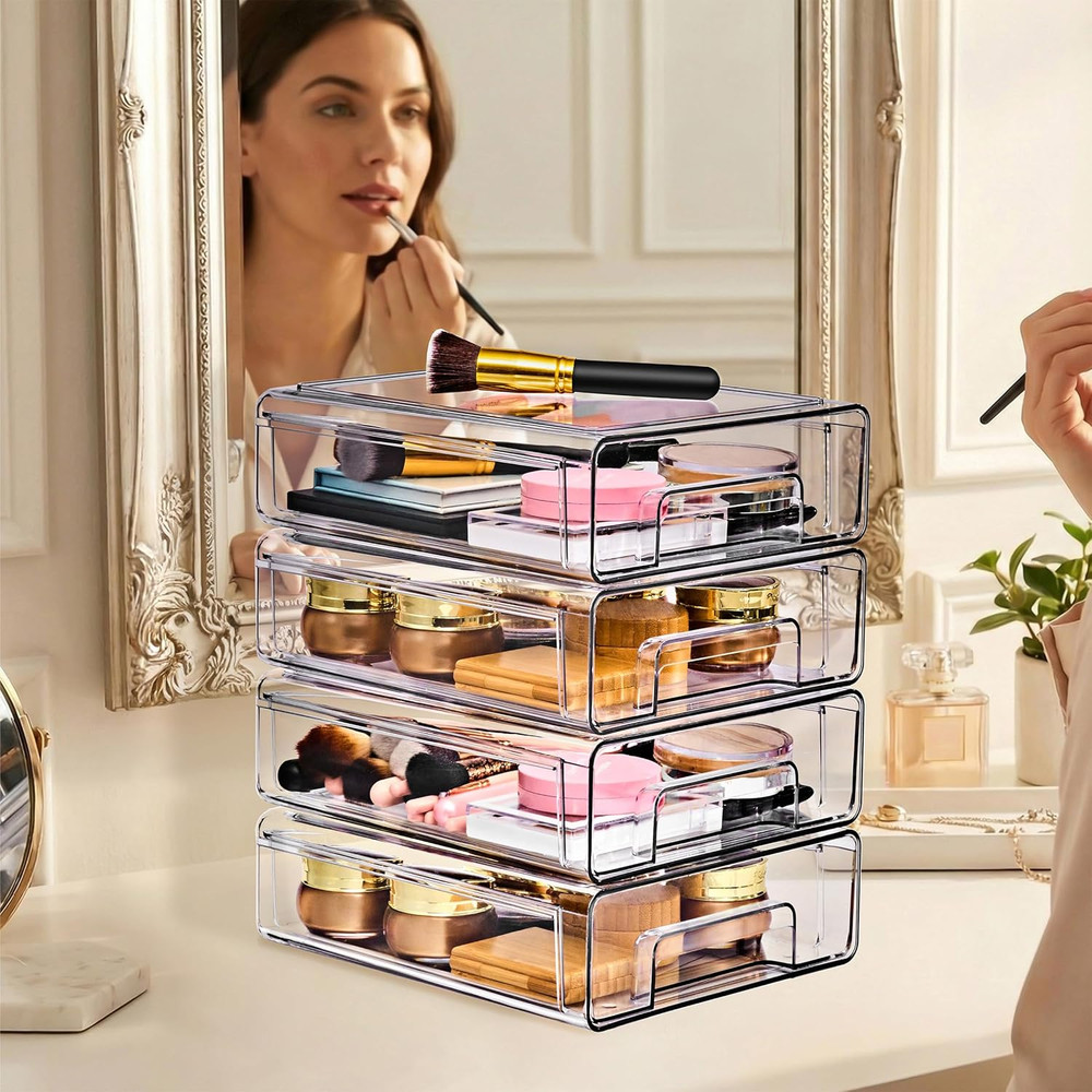 Medium Clear Stackable Storage Drawers 4-Pack Plastic Organizer Bins with Handle