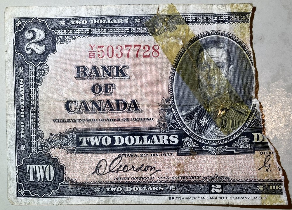 1937 Canada 2 Dollars (damaged) Banknote