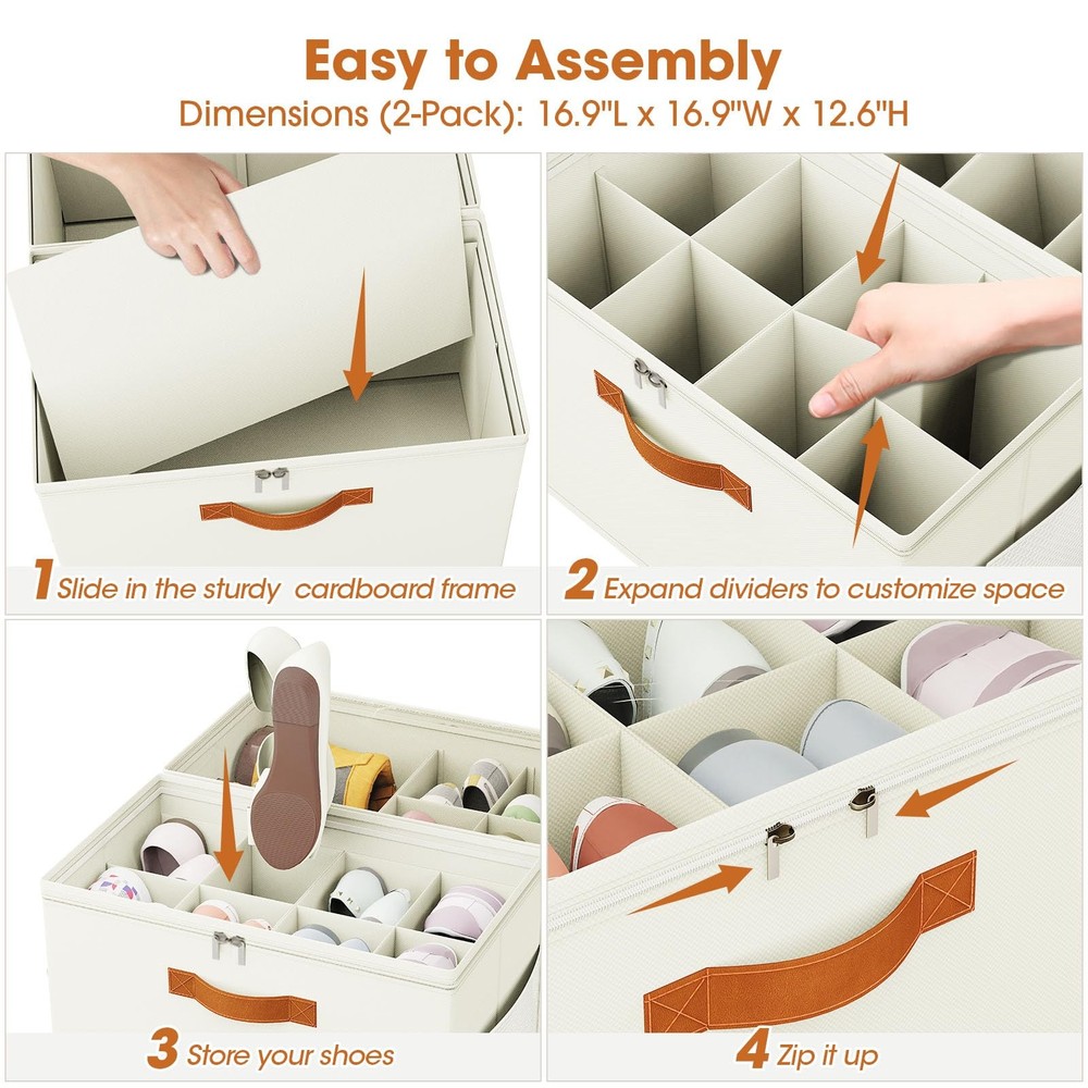 Shoe Organizer for Closet, 2-Pack Foldable Shoe Storage with Adjustable Divid...