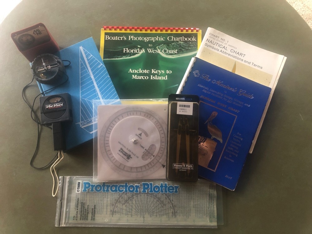 Navigation Instrument Lot:  Compass Slide Rule Plotter Divider Wind Wizard Books
