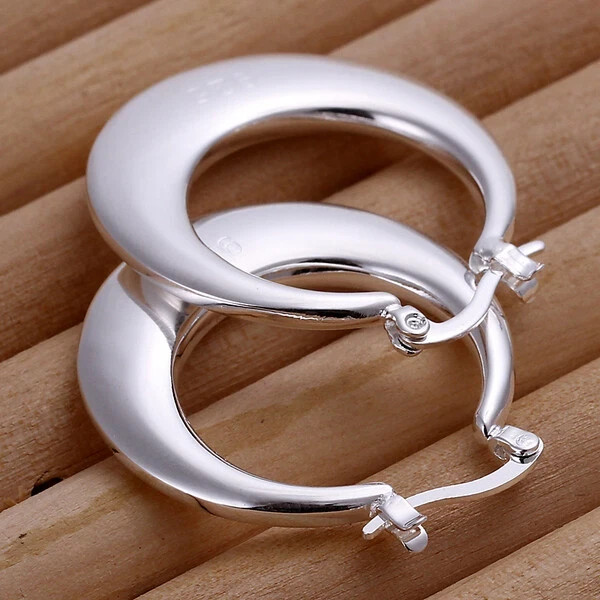 Womens 925 Sterling Solid Silver Elegant Round Pierced Hoop Earrings