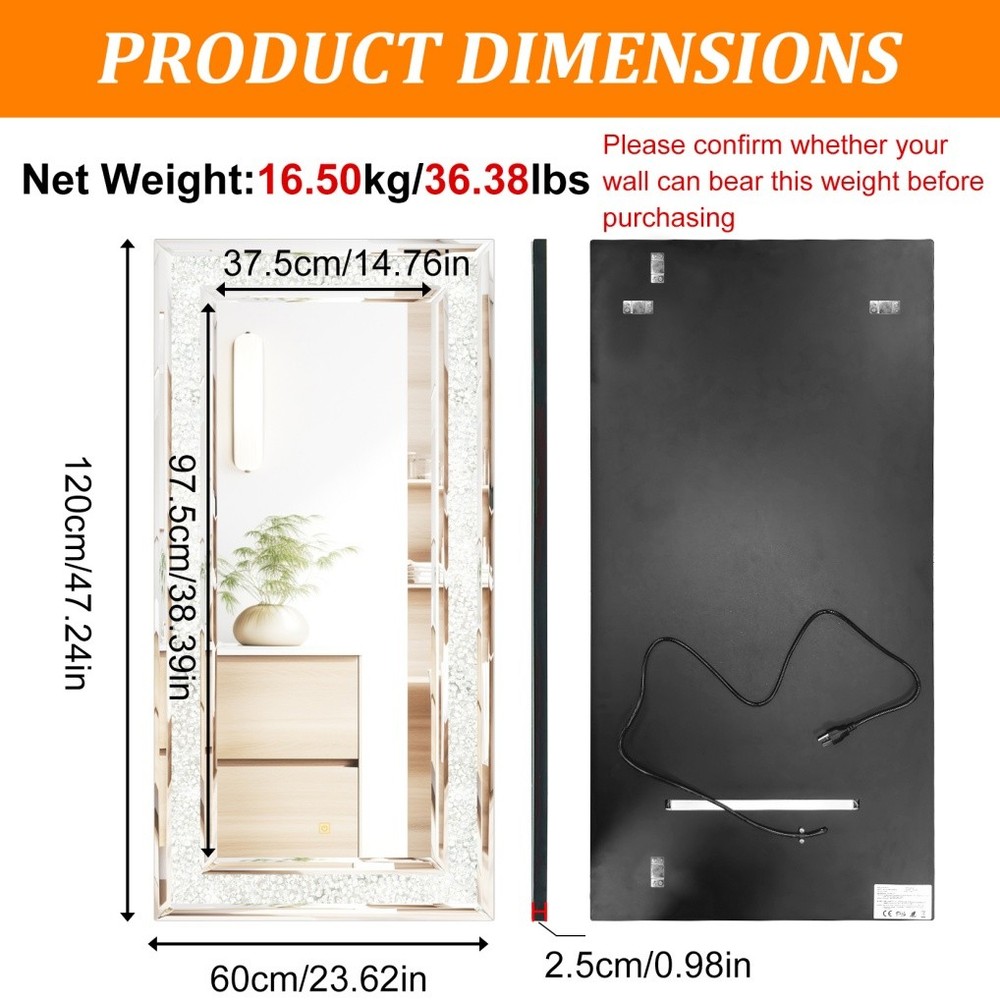 LED Crushed Diamond Mirror 48x24 inch Rectangular Crystal Vanity with RGB Lights