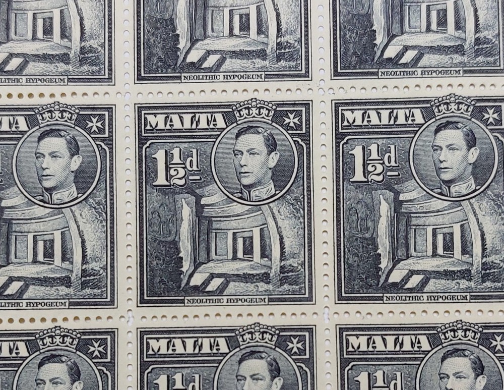 1938 Malta, 2d black KGVI Full sheet, "Extra Window" Variety/Error SG221ba