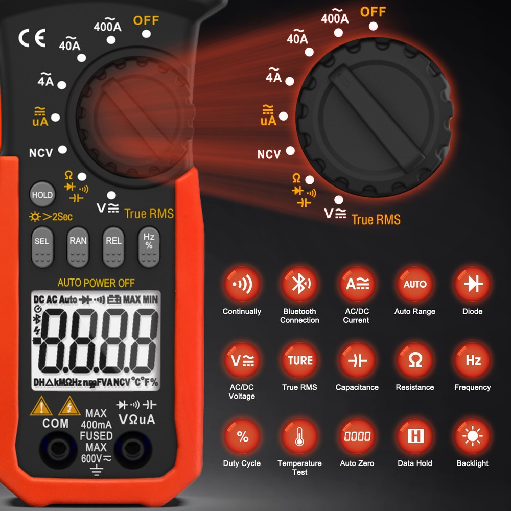 HoldPeak Clamp Meter True RMS 4000 Counts Bluetooth AC/DC Amp Voltage Tester