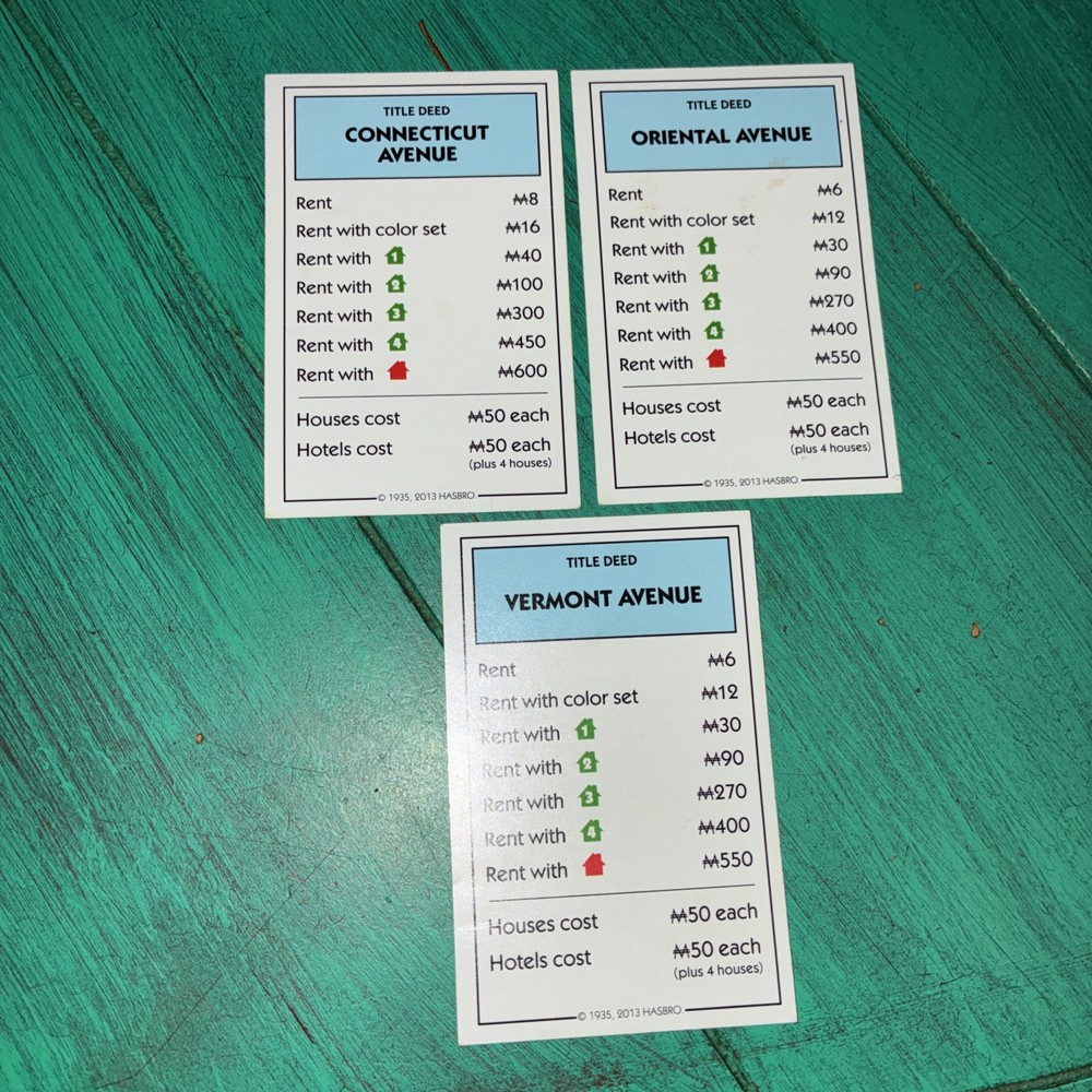 2014 Monopoly Replacement - 3 Light Blue Property Cards