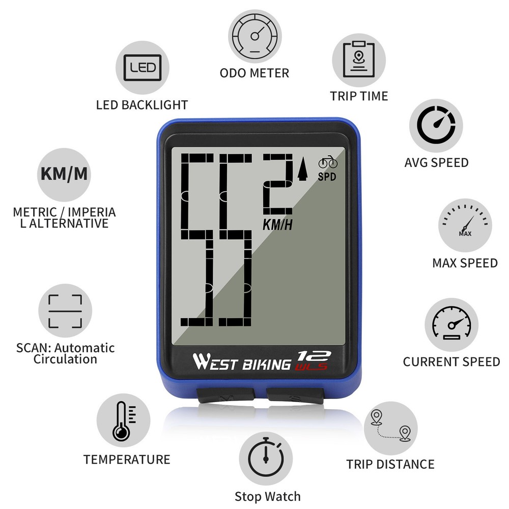 WEST BIKING Wireless Bicycle Computer Waterproof Bike Odometer Speedometer Blue