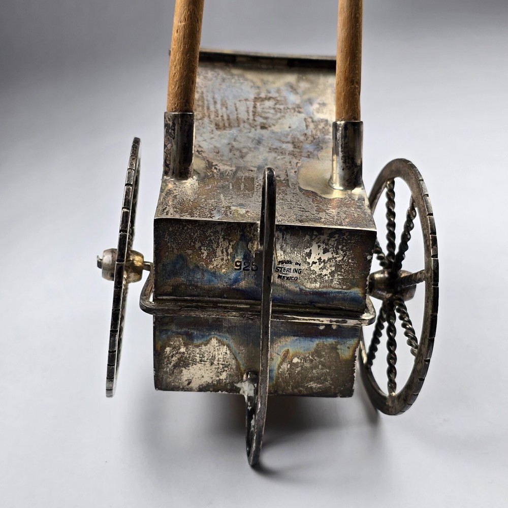 Vintage Mexico Sterling Silver & Wood Rickshaw Tabletop Cigarette Box