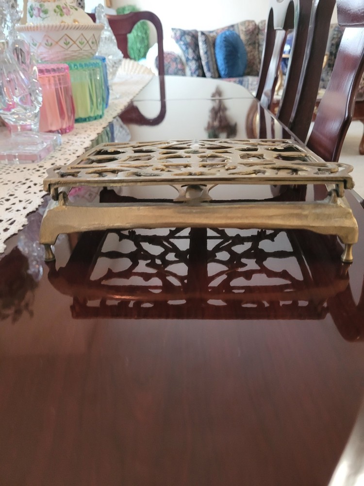 Vintage Ornate Brass Metal Book Stand, Adjustable & Foldable, Rectangular, 9"
