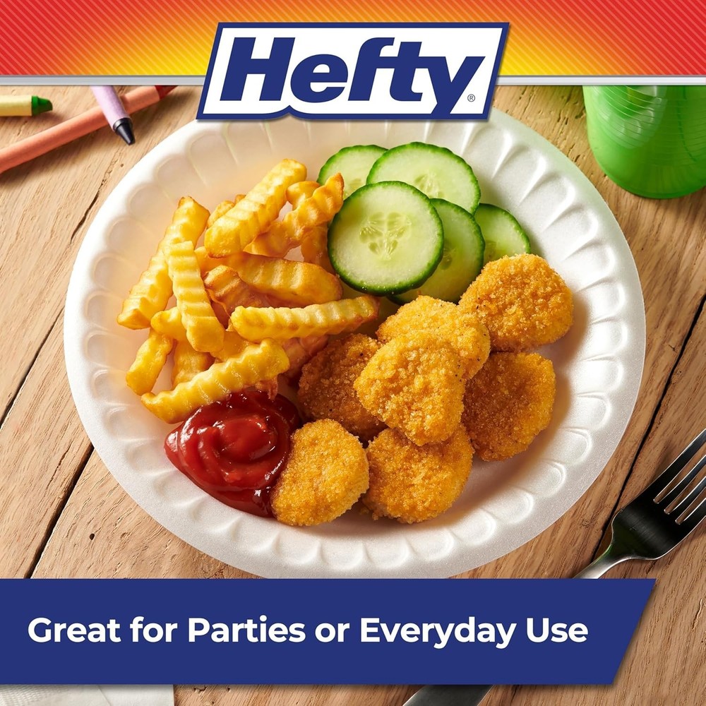 Hefty 9 Inch Foam Dinner Plates 100 Count White Disposable Soak Proof