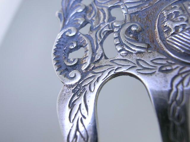 Old Dutch .833 Silver Unusual Serving Fork Windmill handle face lion head ornate