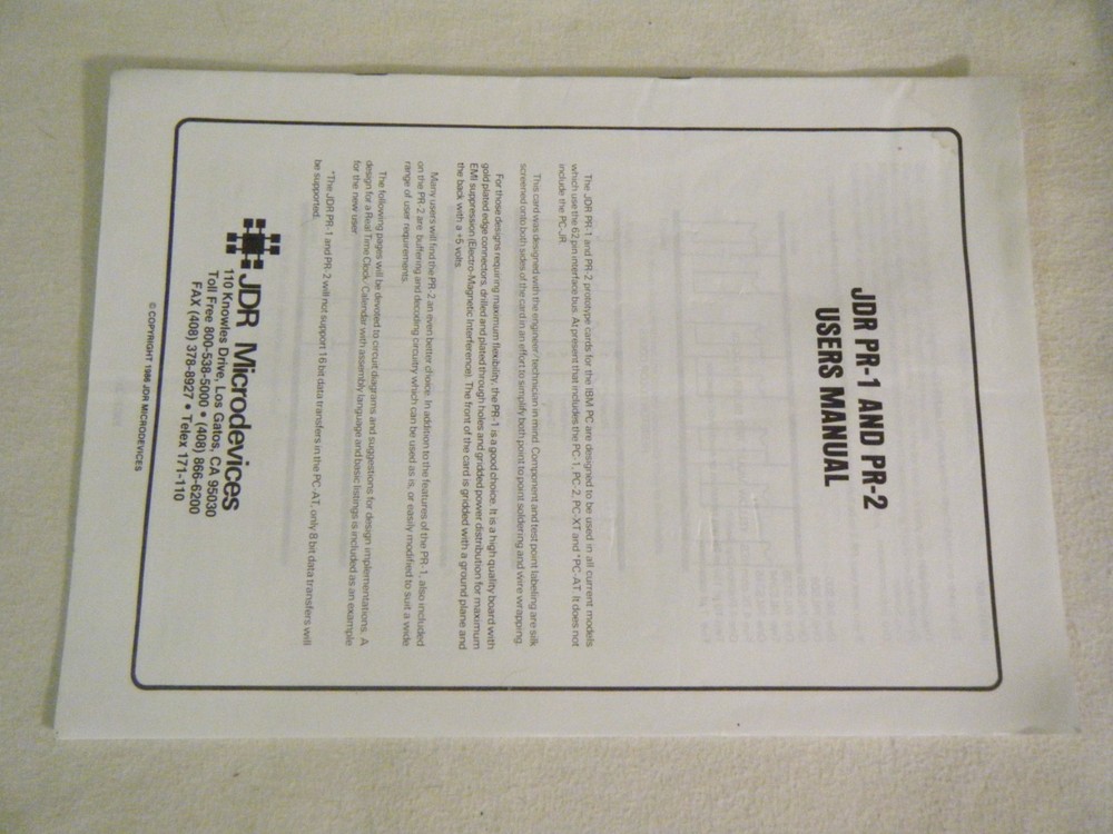 User Manual for JDR ISA Circuit Microdevices PR-1 PR-2