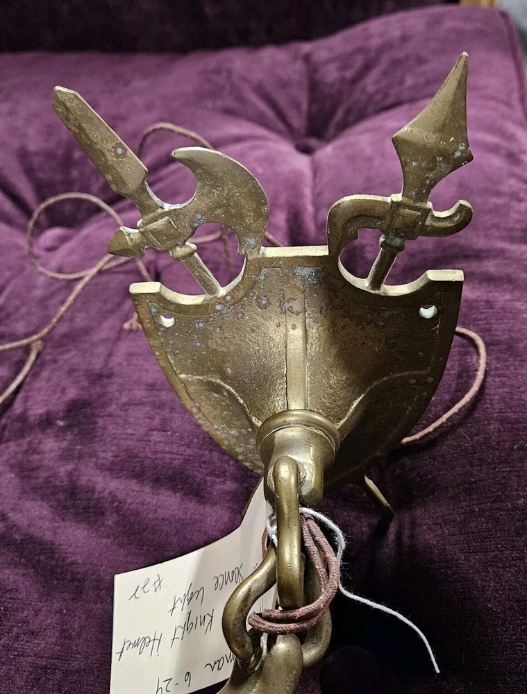 RARE Vintage Lighted Solid Brass Medieval Knight Helmet & Shield Wall Sconce