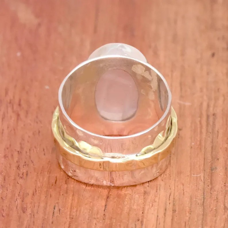 Solid 925 Sterling Silver Rose Quartz Oval Gemstone Hammered Wide Band Ring