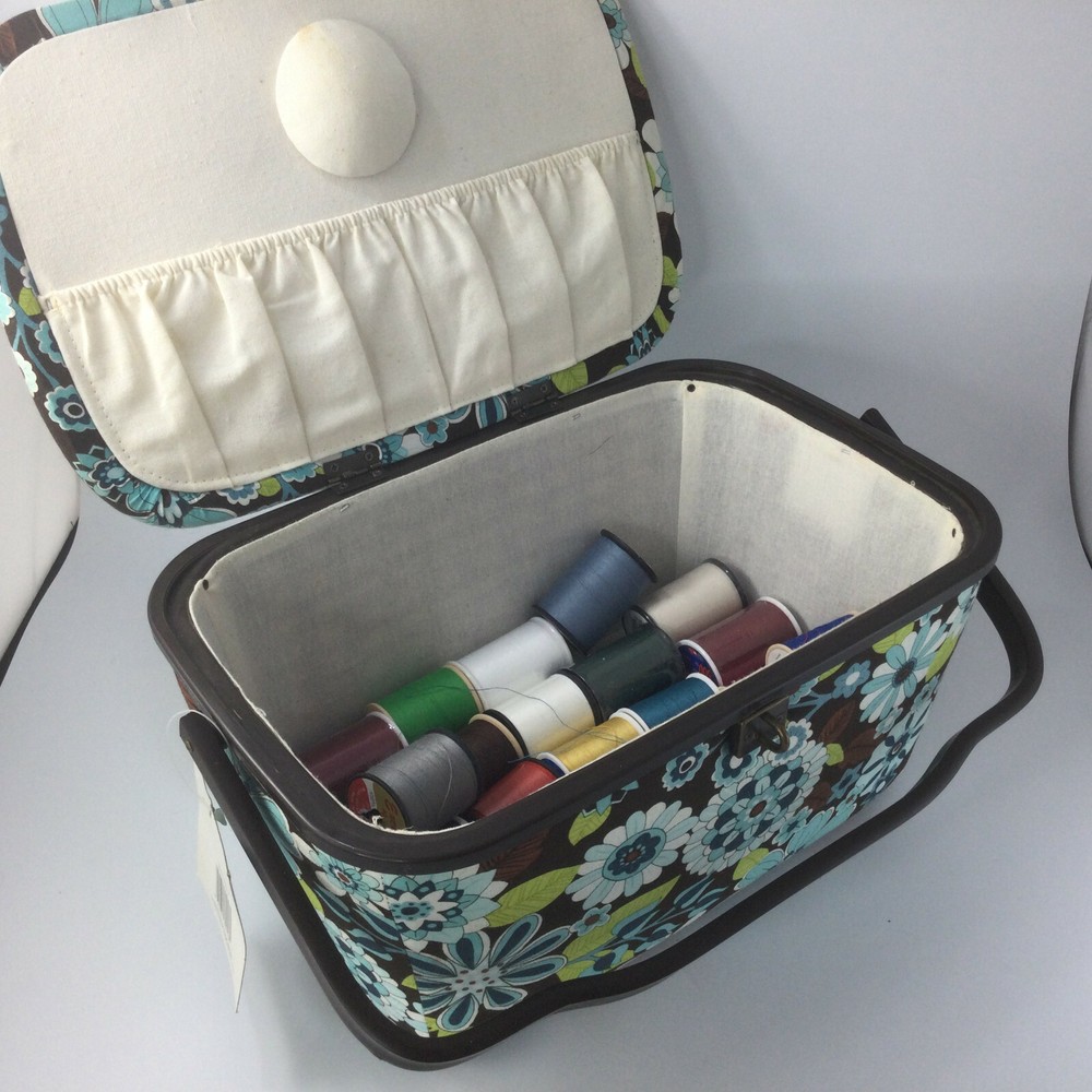 Vintage Fabric Storage Box  Basket with Handle 23 Spools Sewing Tread