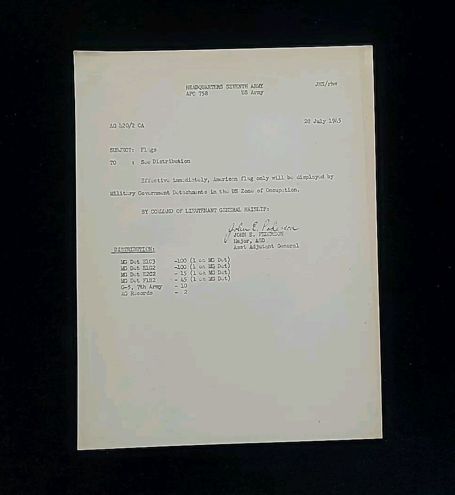 1945 German WWII US Army War Military Document Display US Flags Occupied Germany