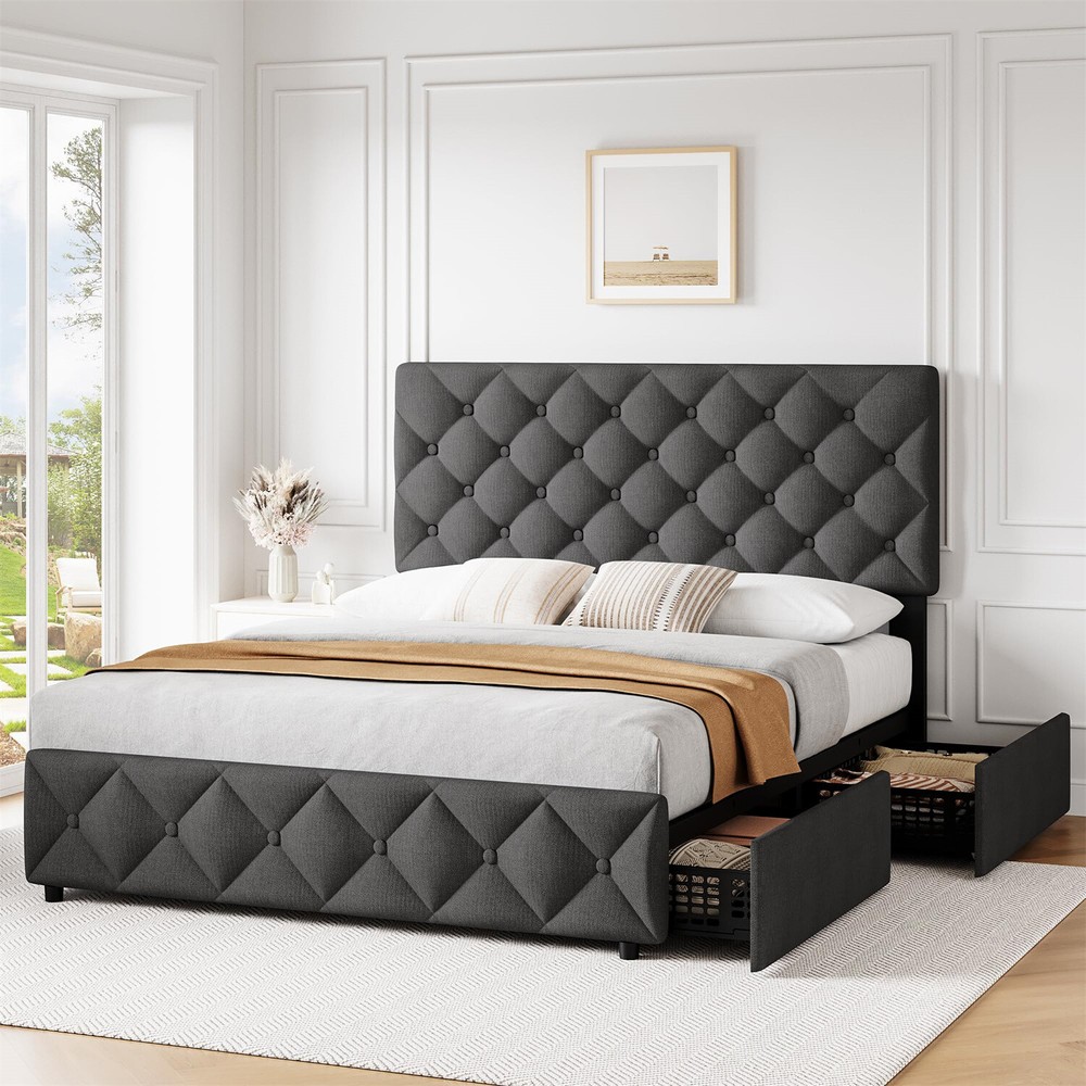 Queen Size Bed Frame with 4 Storage Drawers and Headboard Upholstered Platform