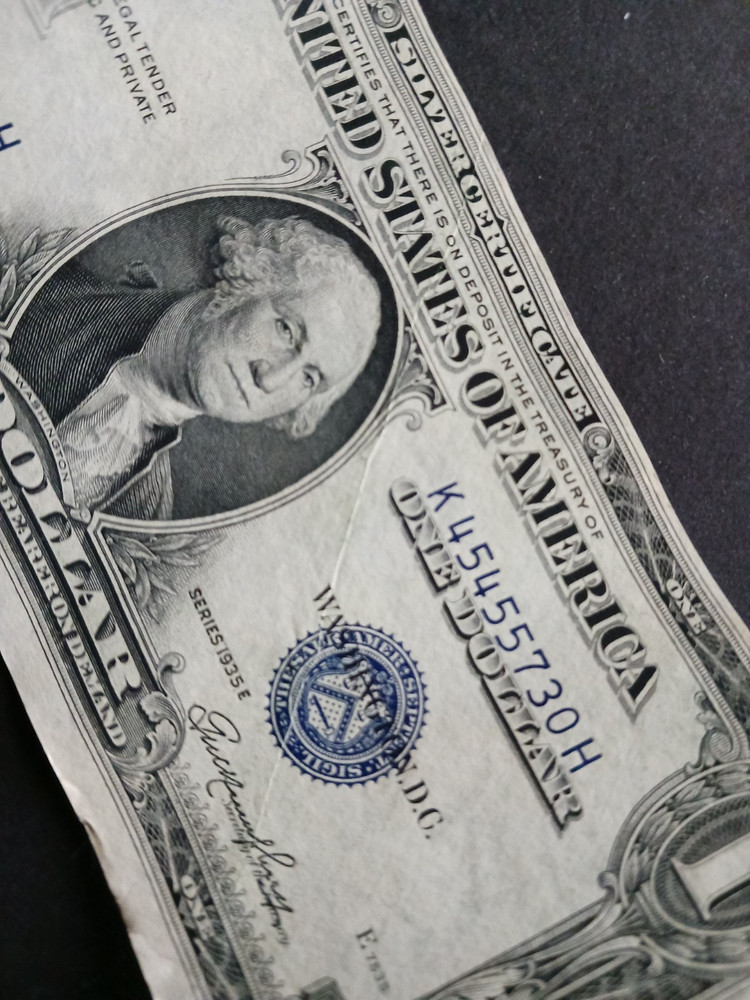 1935 E Silver Certificate $1 Blue Seal misaligned & print paper folded error