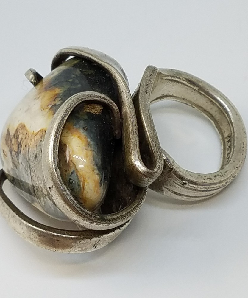 Vintage Fork Ring Large Stone Artisan Silver Tone Size 7