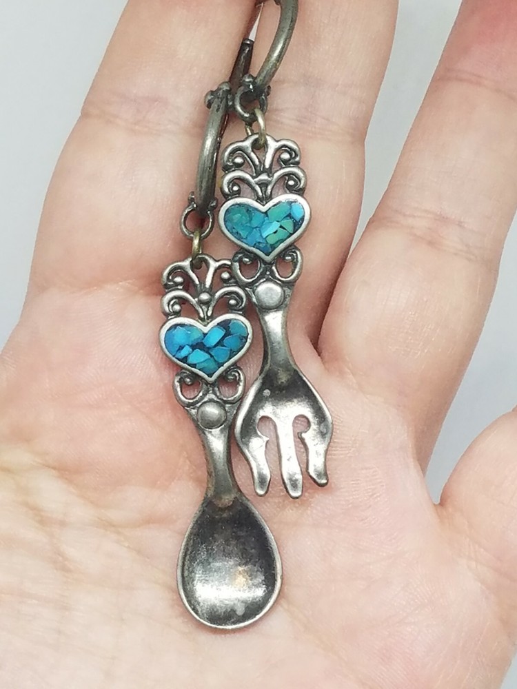 Vintage EJC Silver Tone Sppon & Fork Dangle Earrings Crushed Turquoise Heart