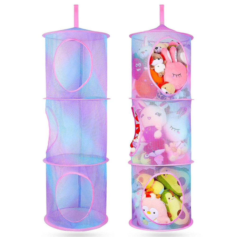 2 Pack Stuffed Animal Storage Mesh Foldable Organizer Net with 3 Compartments