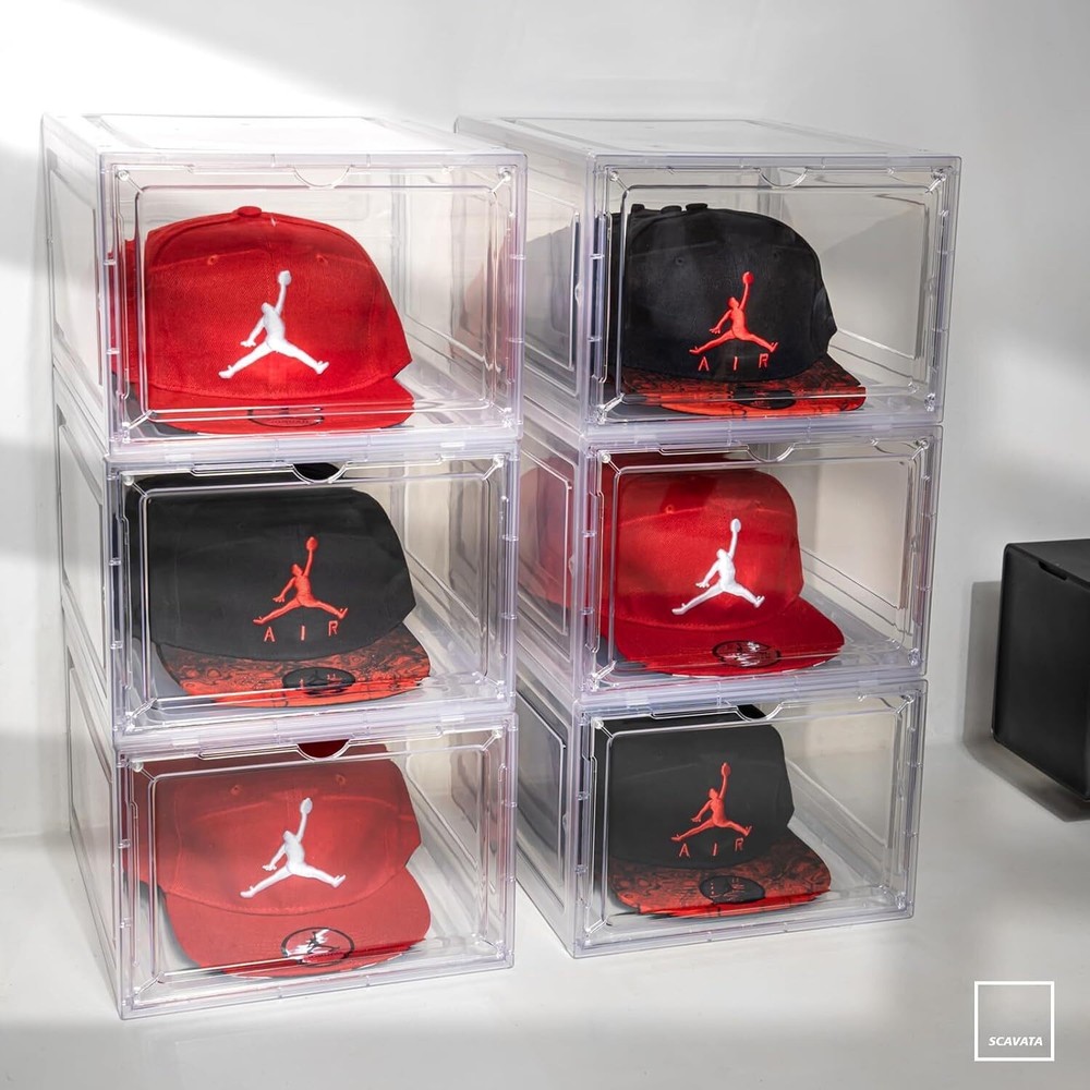6 Pack Hat Organizer Box Stackable Clear Baseball Caps Holder Box Container NEW
