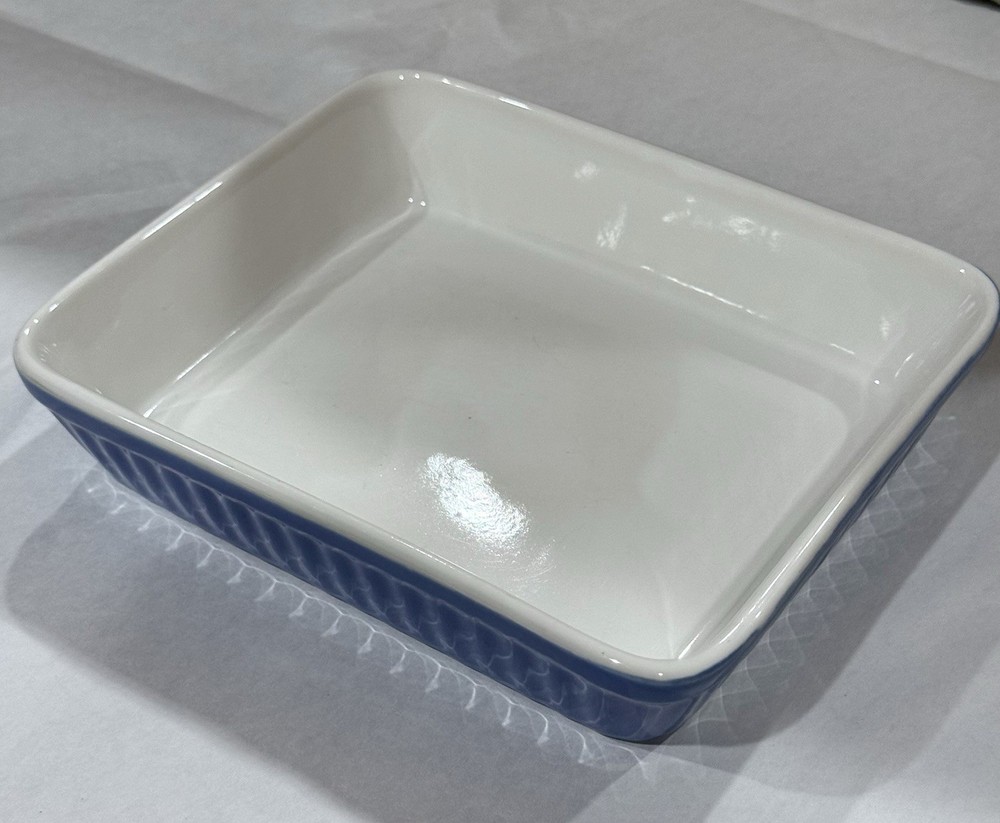 Vintage Blue Ribbed Rectangular Stoneware Baking Dish 7.5" Japan